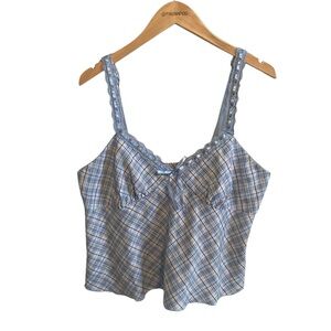 Blue and Brown Plaid V Neck Coquette Babydoll Ribbon Lace Detail Tank Size XXL